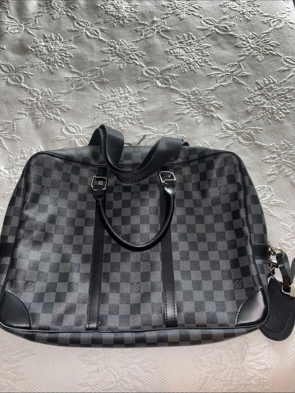 Men's Black Checkered Laptop Briefcase with Shoulder Strap